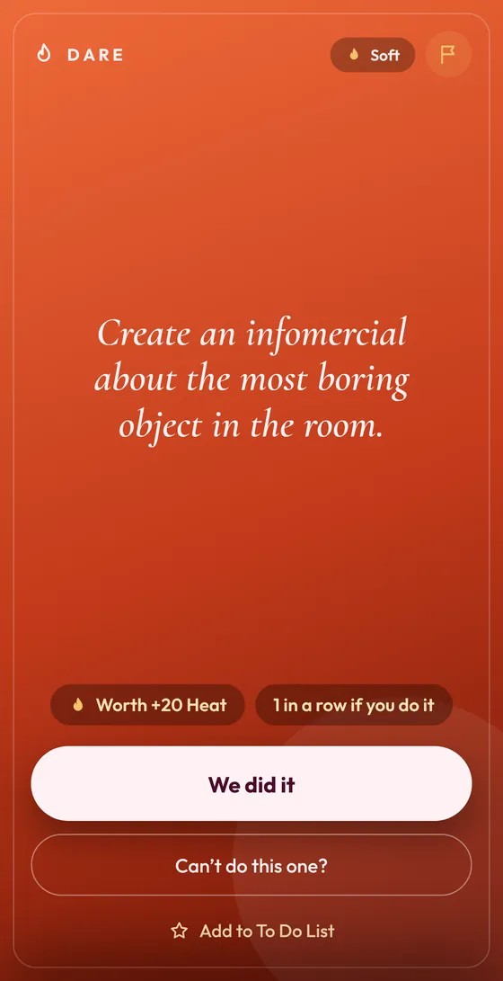 A Dare card on screen with the options We did it and Can't do this one
